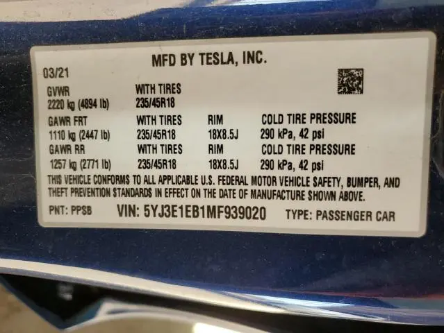 2021 TESLA MODEL 3 
