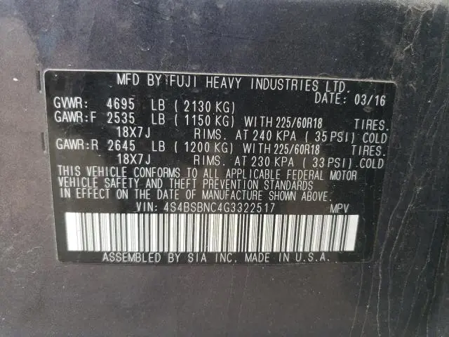 2016 SUBARU OUTBACK 2.5I LIMITED  