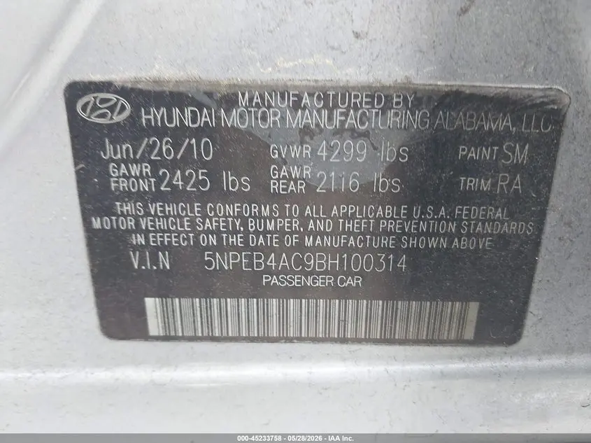 2011 HYUNDAI SONATA GLS