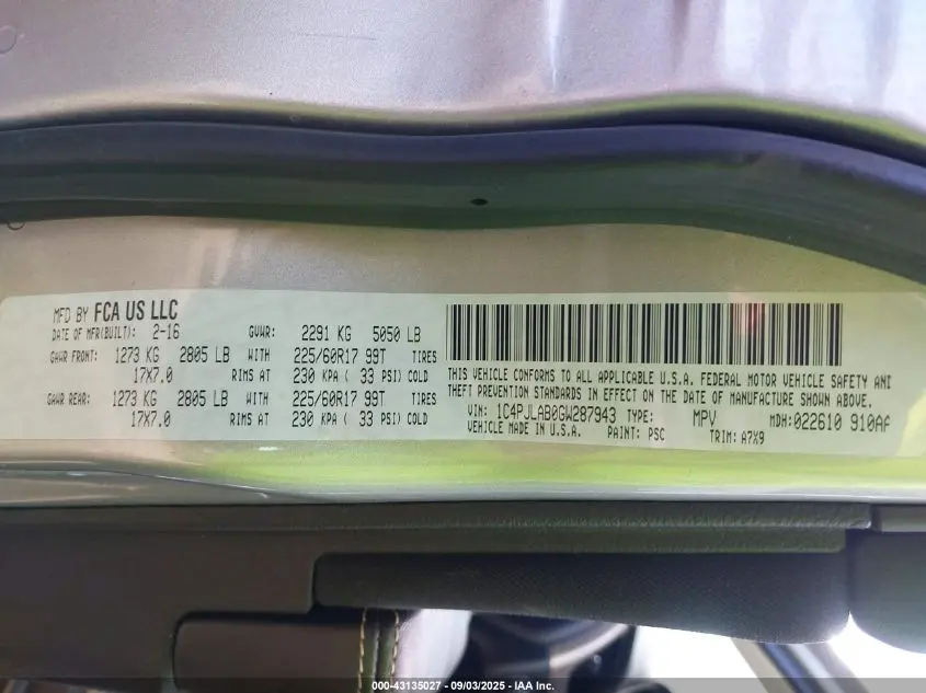 2016 JEEP CHEROKEE SPORT