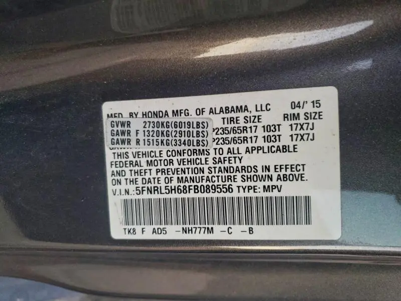 2015 HONDA ODYSSEY EXL  