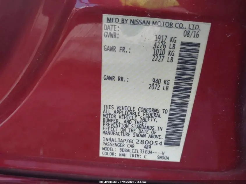 2016 NISSAN ALTIMA 2.5 SV