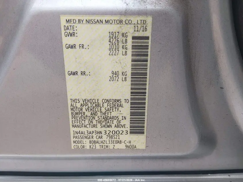 2017 NISSAN ALTIMA 2.5 SR