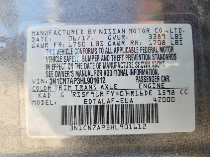 2017 NISSAN VERSA 1.6 S  