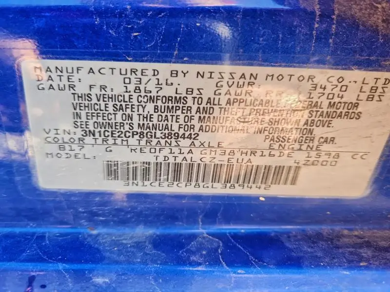 2016 NISSAN VERSA NOTE S  