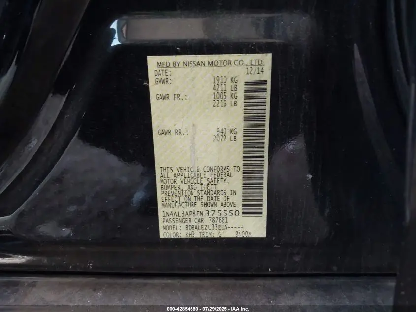 2015 NISSAN ALTIMA 2.5/2.5 S/2.5 SL/2.5 SV