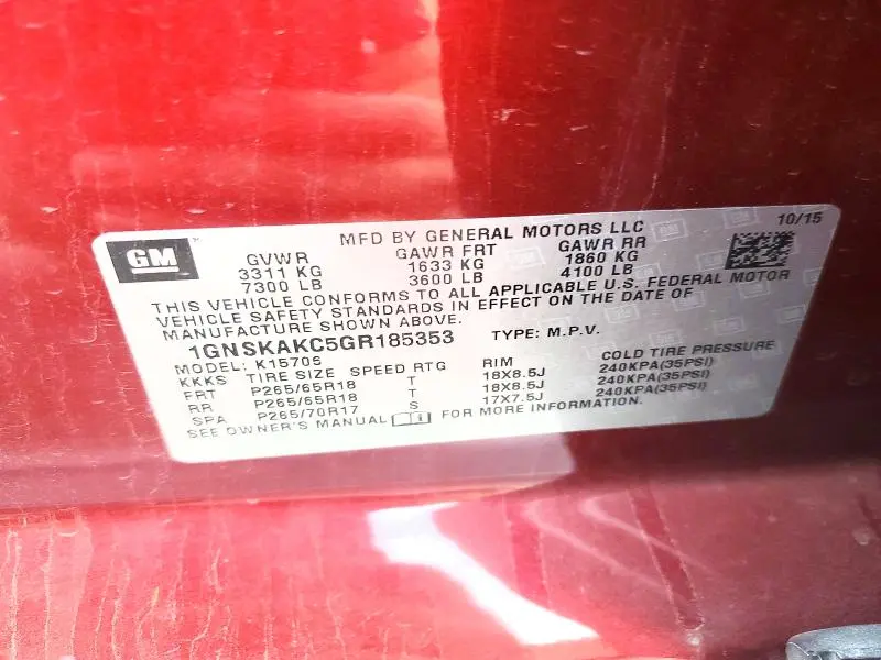 2016 CHEVROLET TAHOE K1500 LS  