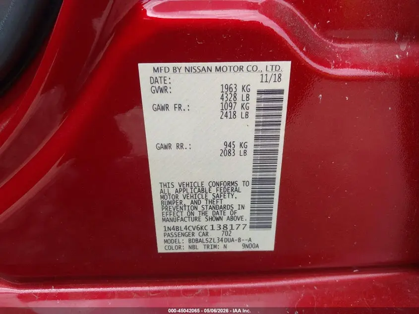 2019 NISSAN ALTIMA 2.5 SR