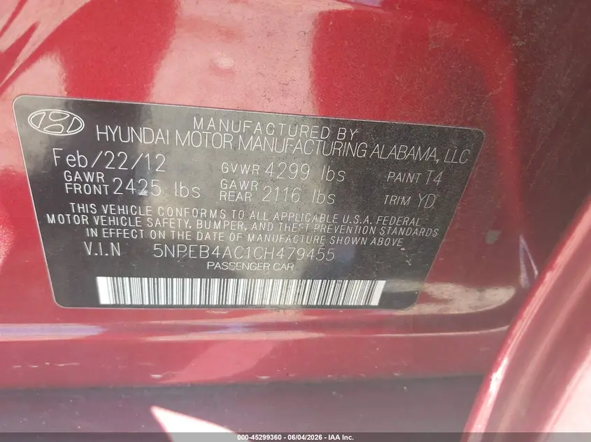 2012 HYUNDAI SONATA GLS