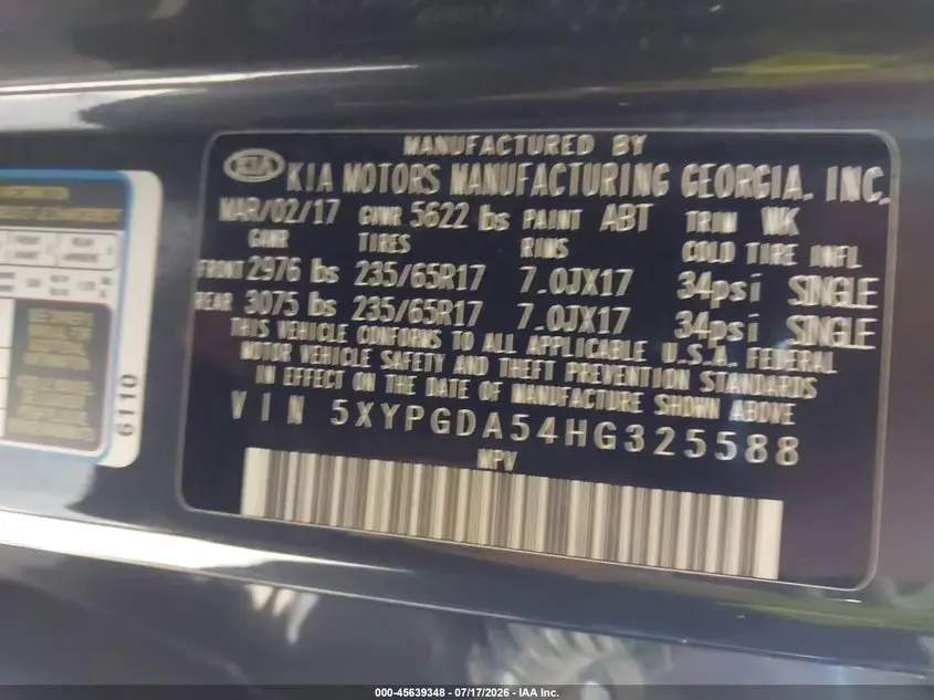 2017 KIA SORENTO 3.3L LX