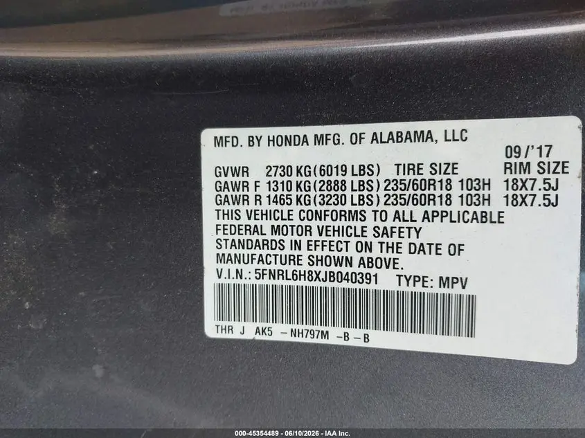 2018 HONDA ODYSSEY TOURING