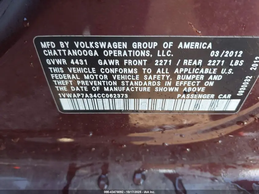 2012 VOLKSWAGEN PASSAT 2.5L S