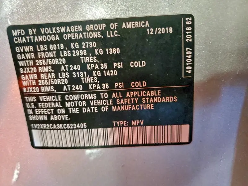 2019 VOLKSWAGEN ATLAS SE  