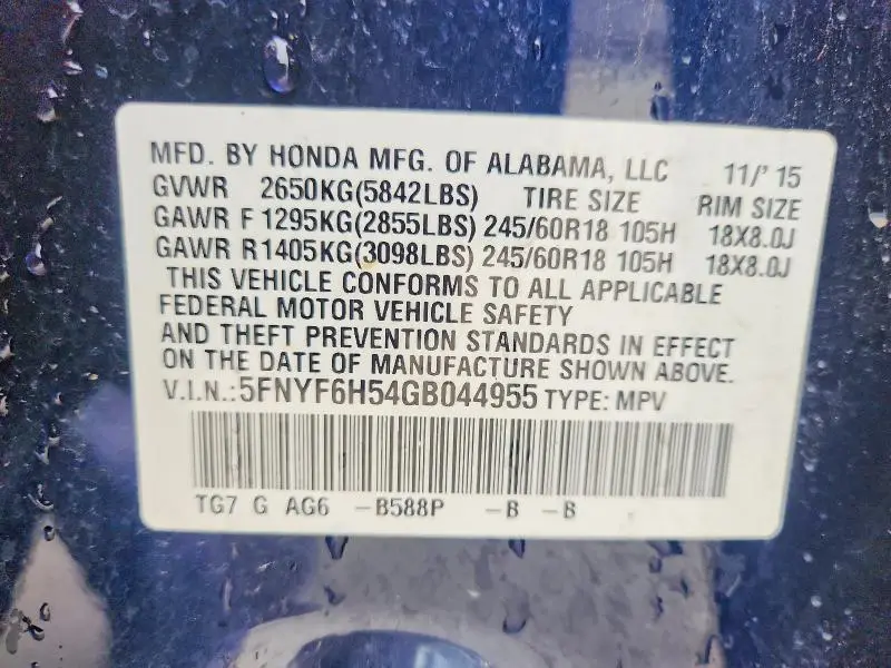 2016 HONDA PILOT EXL  