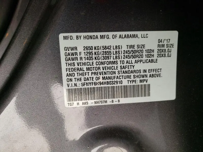 2017 HONDA PILOT TOURING  