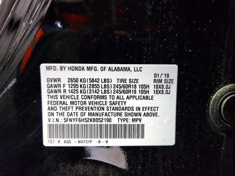 2019 HONDA PILOT EXL  