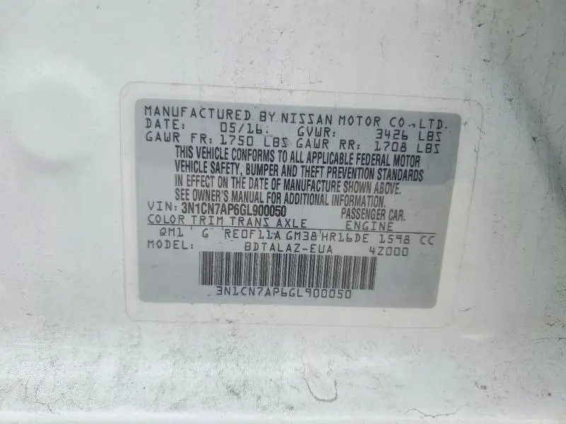 2016 NISSAN VERSA 1.6 S PLUS  