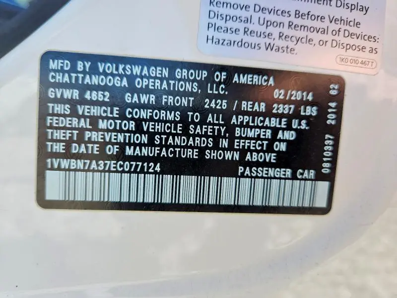 2014 VOLKSWAGEN PASSAT SE  