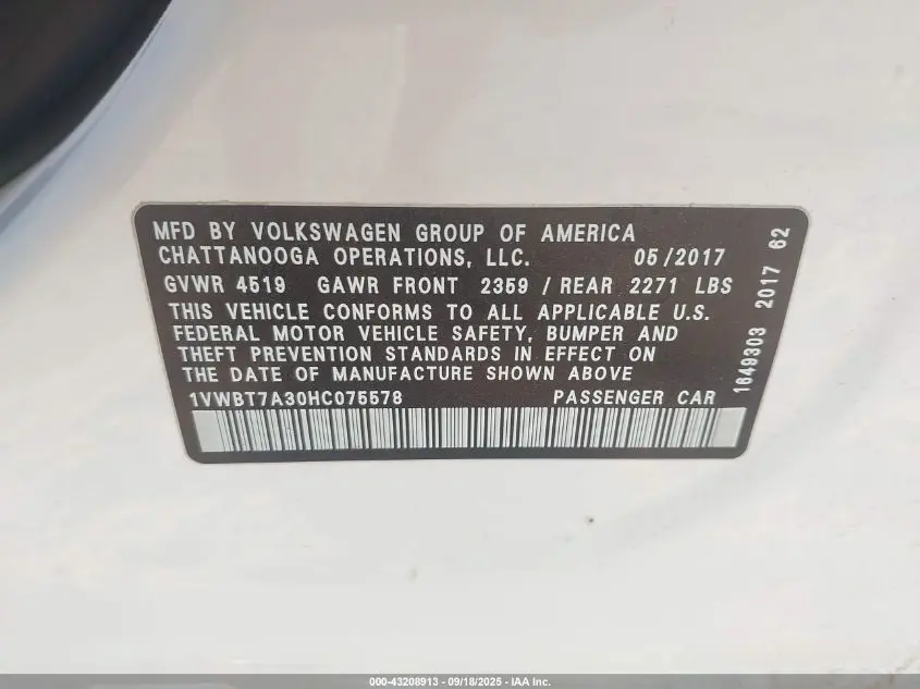 2017 VOLKSWAGEN PASSAT 1.8T SE