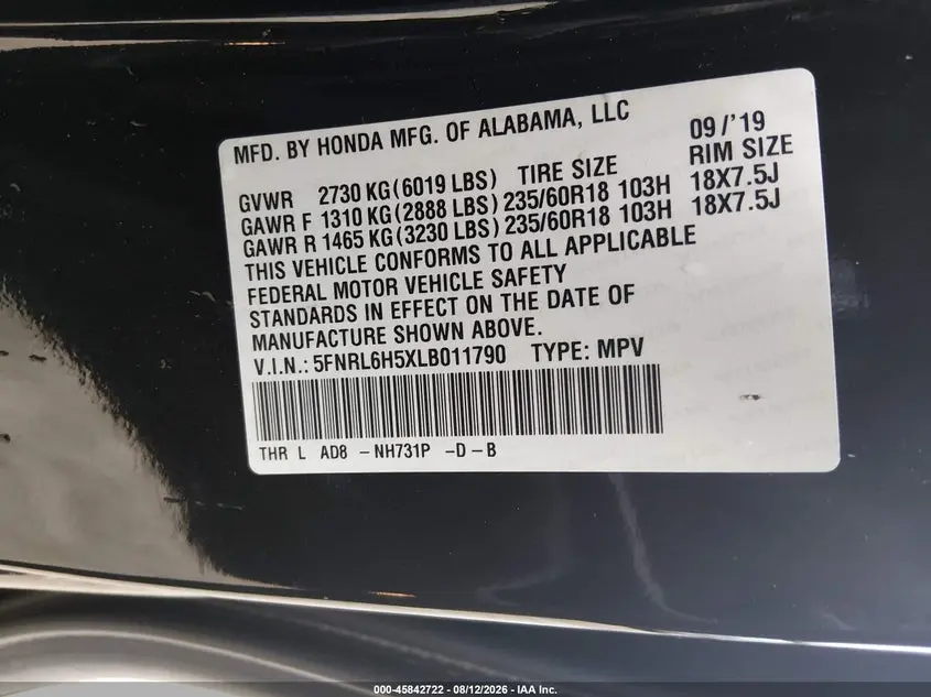 2020 HONDA ODYSSEY EX
