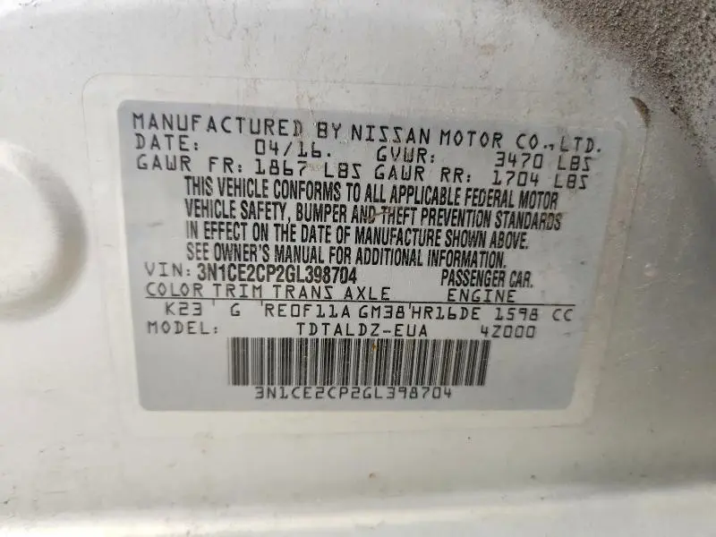 2016 NISSAN VERSA NOTE SV  