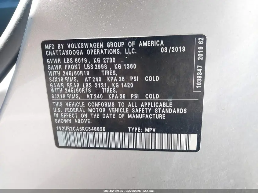 2019 VOLKSWAGEN ATLAS 3.6L V6 SE W/TECHNOLOGY