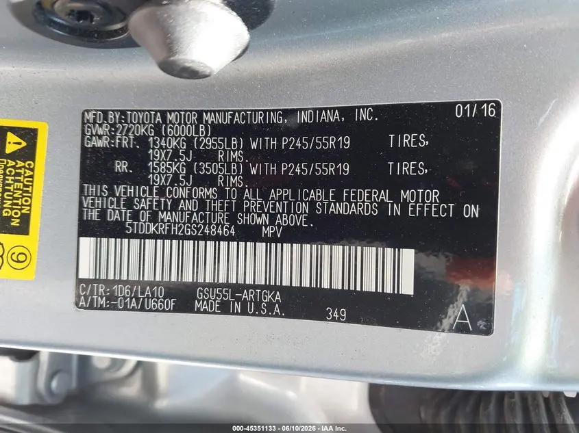 2016 TOYOTA HIGHLANDER LIMITED V6