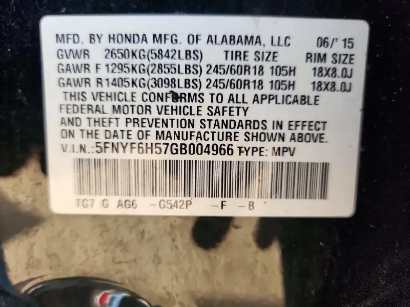 2016 HONDA PILOT EXL  