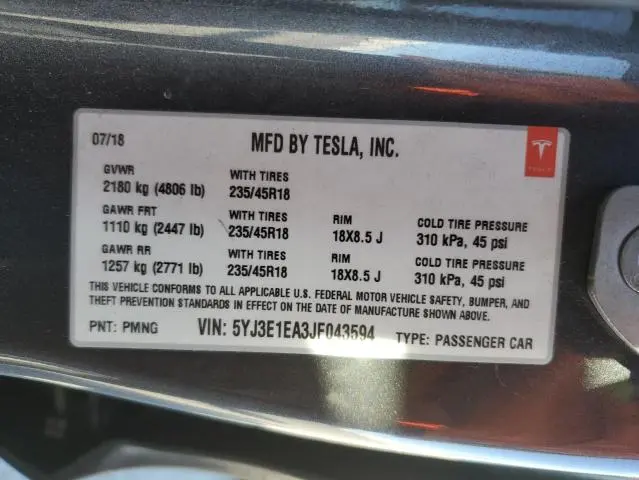 2018 TESLA MODEL 3   