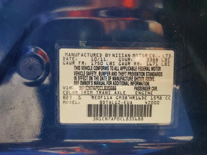 2012 NISSAN VERSA 1.6 S  