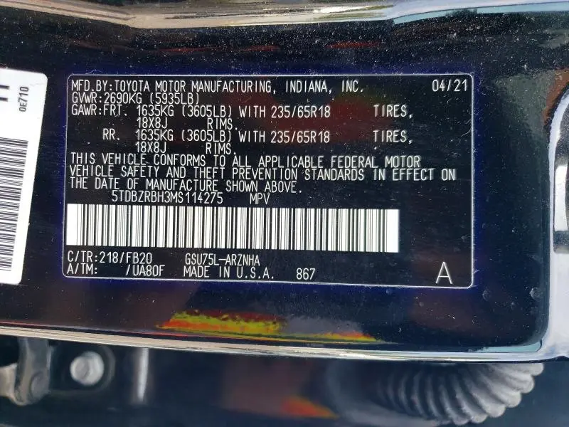 2021 TOYOTA HIGHLANDER LE  