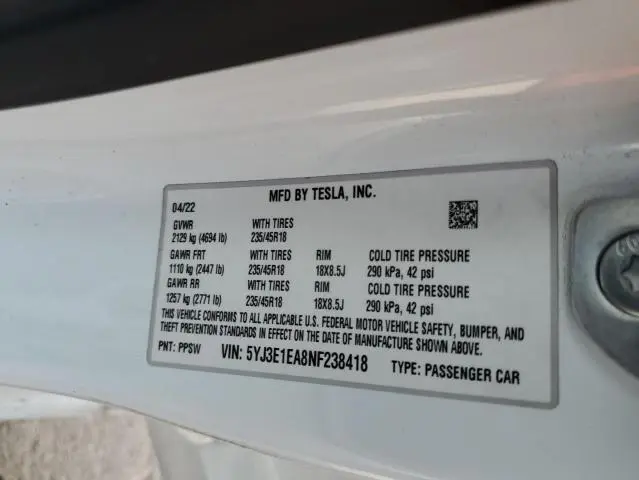 2022 TESLA MODEL 3