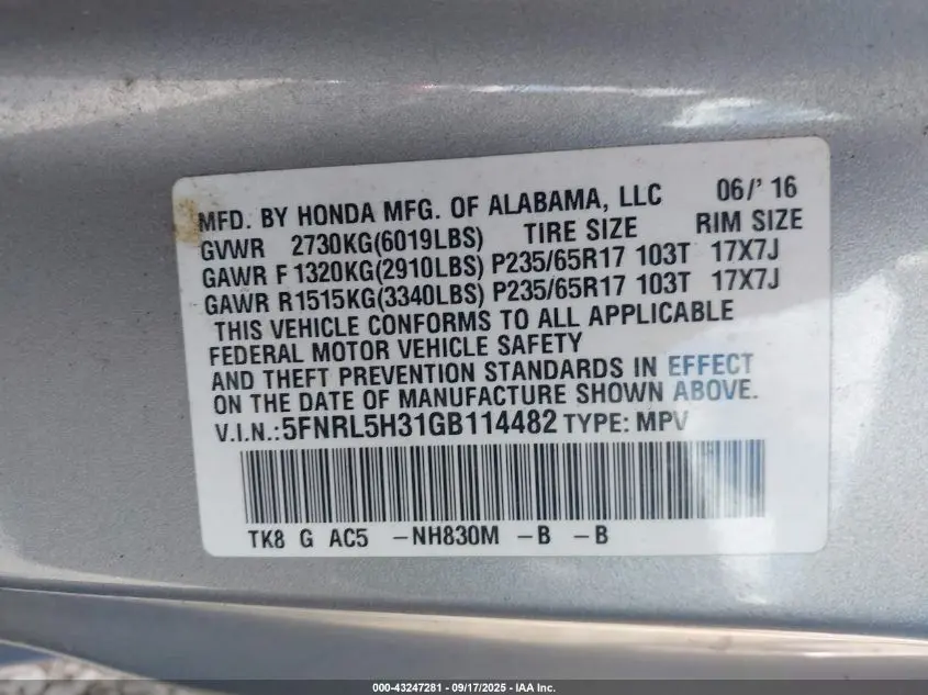 2016 HONDA ODYSSEY SE