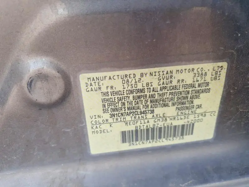2012 NISSAN VERSA 1.6 S  