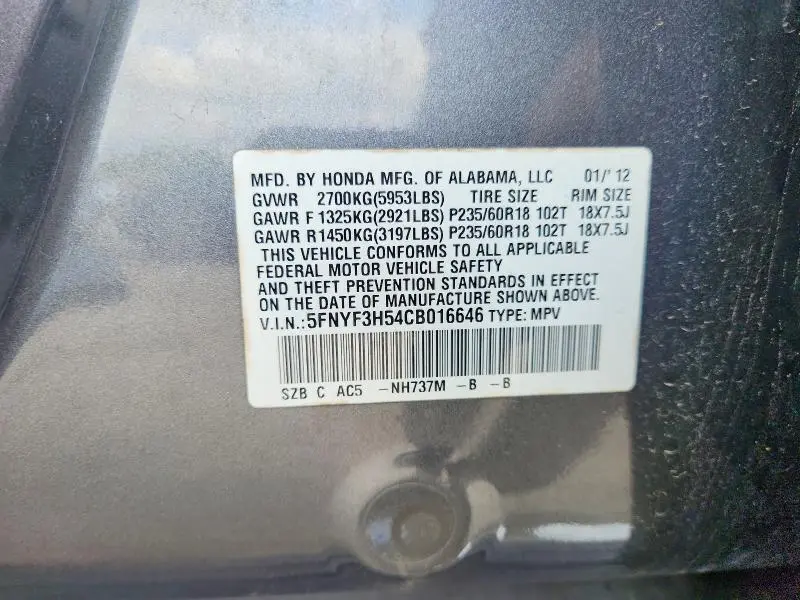 2012 HONDA PILOT EXL  