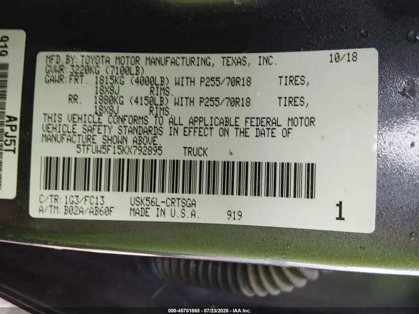 2019 TOYOTA TUNDRA SR5 5.7L V8