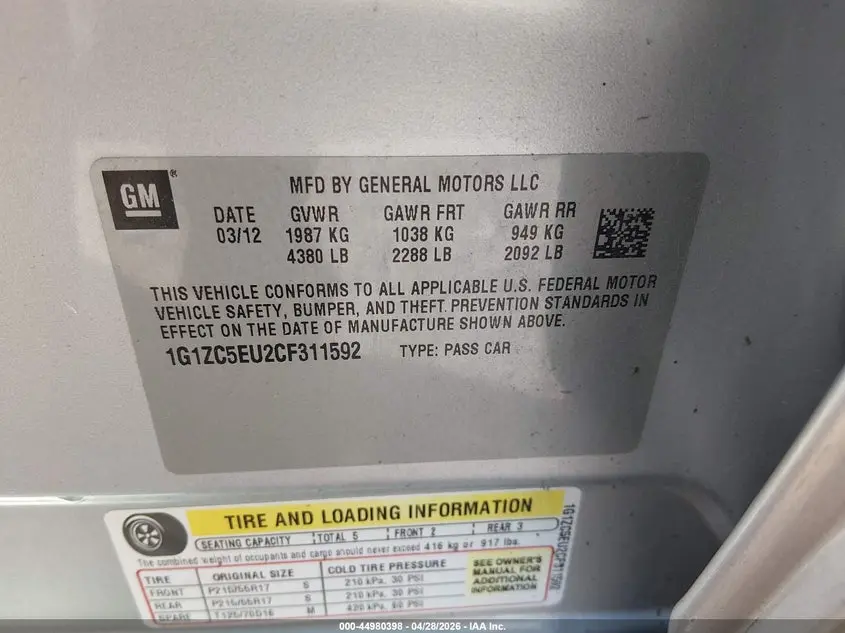 2012 CHEVROLET MALIBU 1LT