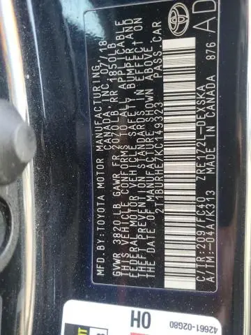 2019 TOYOTA COROLLA L  
