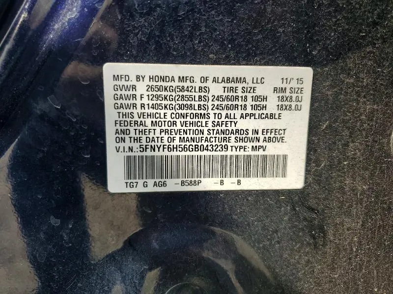 2016 HONDA PILOT EXL  