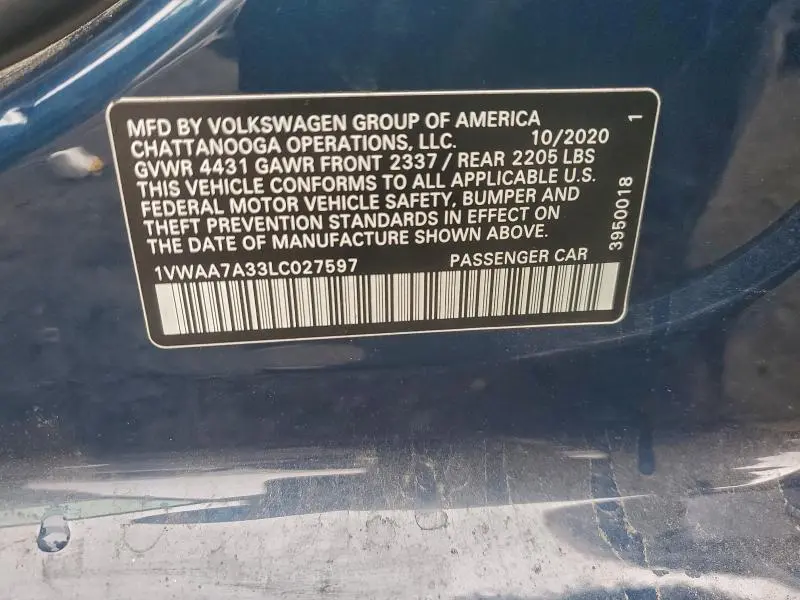 2020 VOLKSWAGEN PASSAT S  