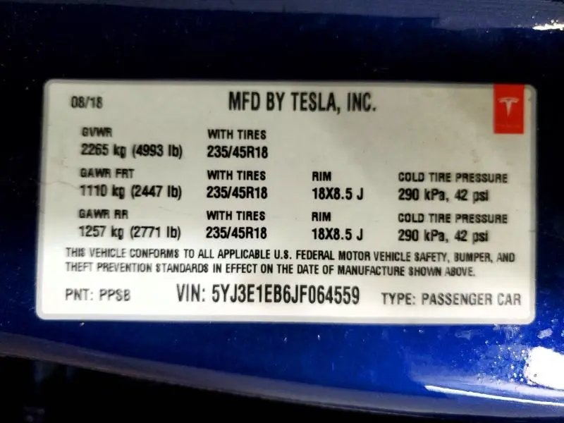 2018 TESLA MODEL 3   
