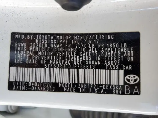 2018 TOYOTA COROLLA L  