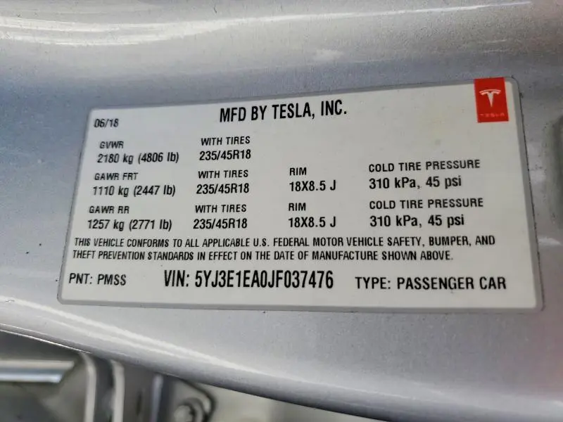 2018 TESLA MODEL 3   