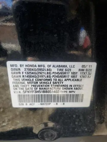 2011 HONDA PILOT EXL  