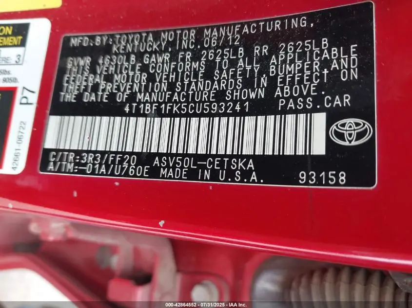 2012 TOYOTA CAMRY SE