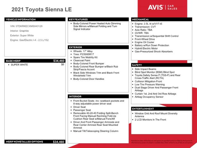 2021 TOYOTA SIENNA LE