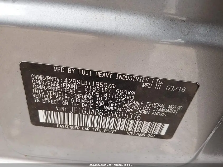 2016 SUBARU IMPREZA 2.0I PREMIUM