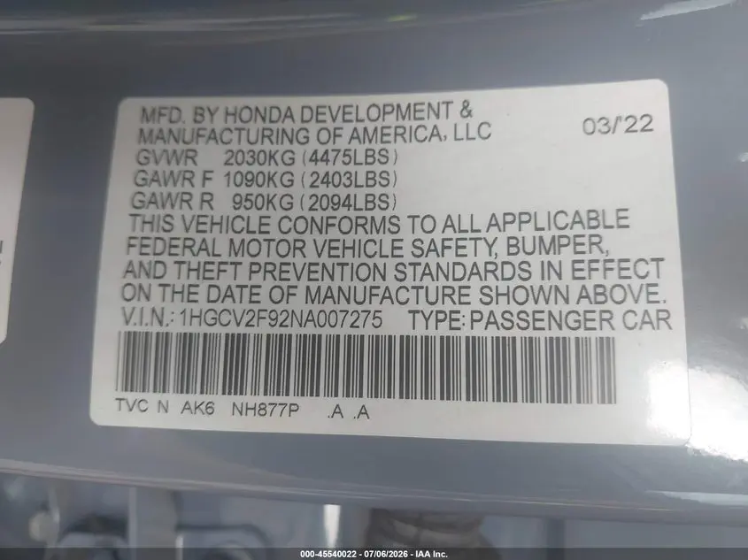 2022 HONDA ACCORD TOURING