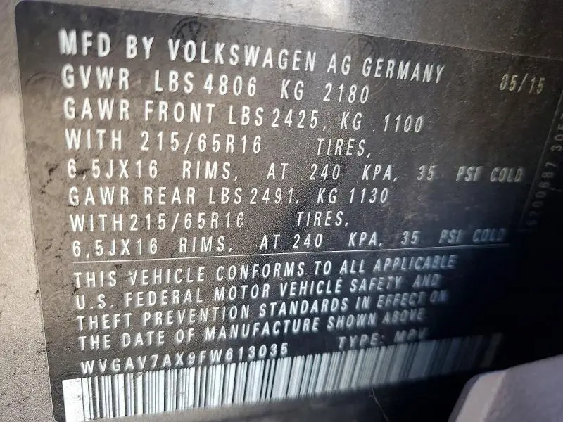 2015 VOLKSWAGEN TIGUAN S  