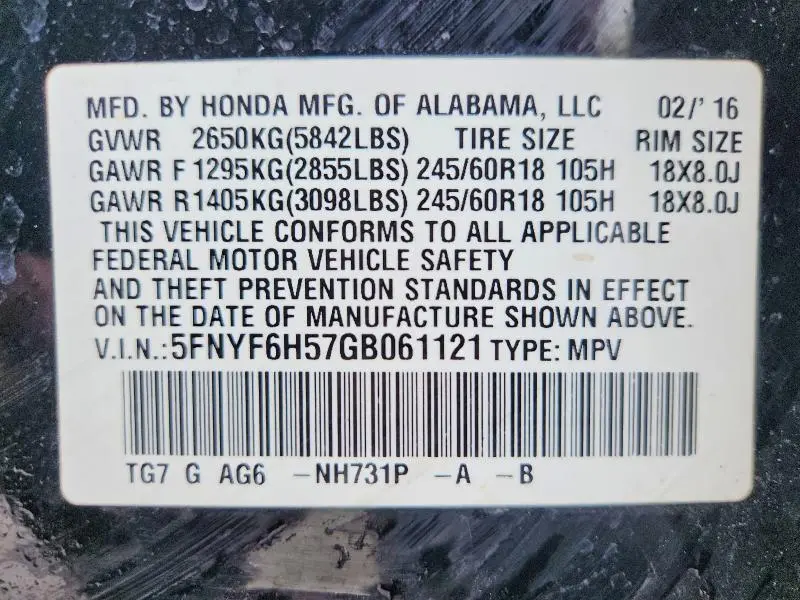 2016 HONDA PILOT EXL  
